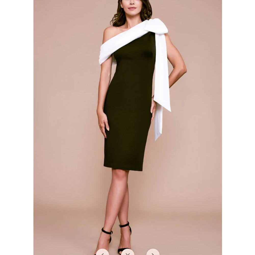 Tadashi Shoji Rigel Neoprene White Bow Dress M Draping Off The Shoulder Sleeve